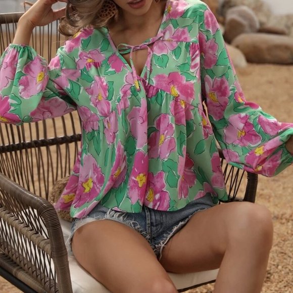 Floral print Blouse Green Pink - Picture 2 of 6